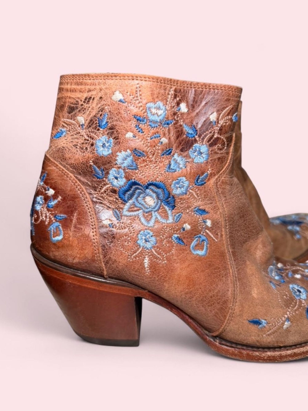 Shyanne Brown Leather Ankle Boots with Blue Floral Embroidery - Picture 2 of 8